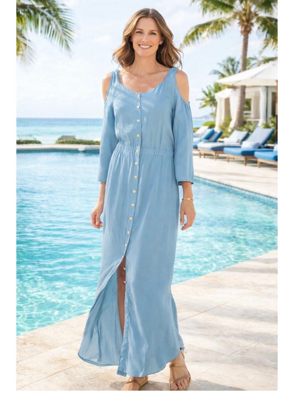 Soft Surroundings NWOT Bridgette Cold Shoulder Button Front Maxi Dress Size M